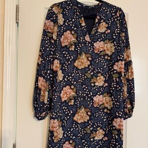 Blue Long Sleeve V-Neck Dress with Bishop Sleeves